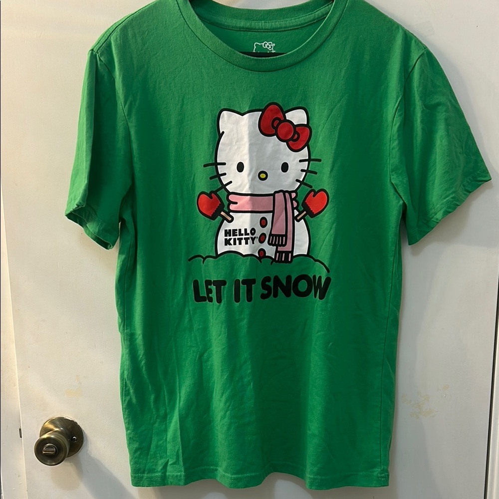 Hello Kitty Green Short Sleeve Tee with Winter “Let it Snow” Graphic, Sz M